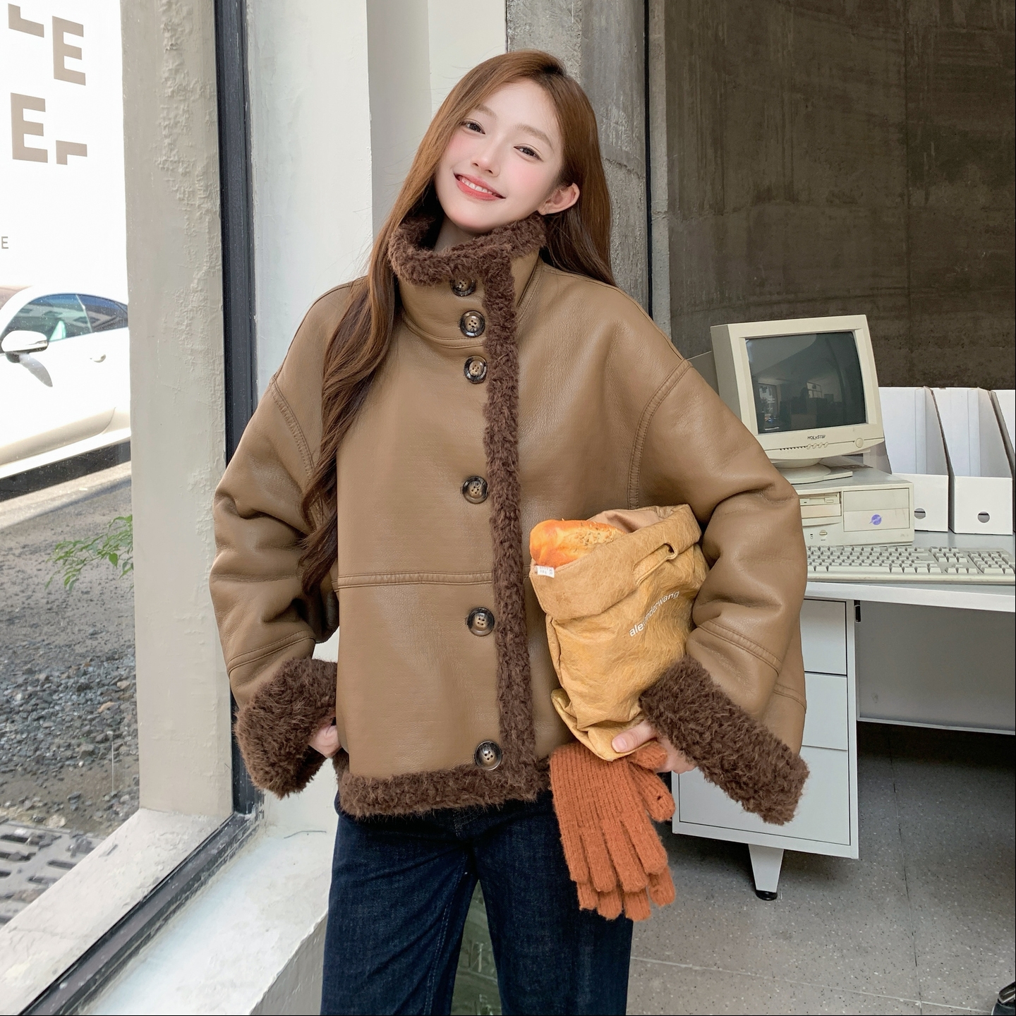 美式复古皮毛一体双面穿咖色外套女冬季2025新款小个子羊羔毛棉服,女装短外套,2C261