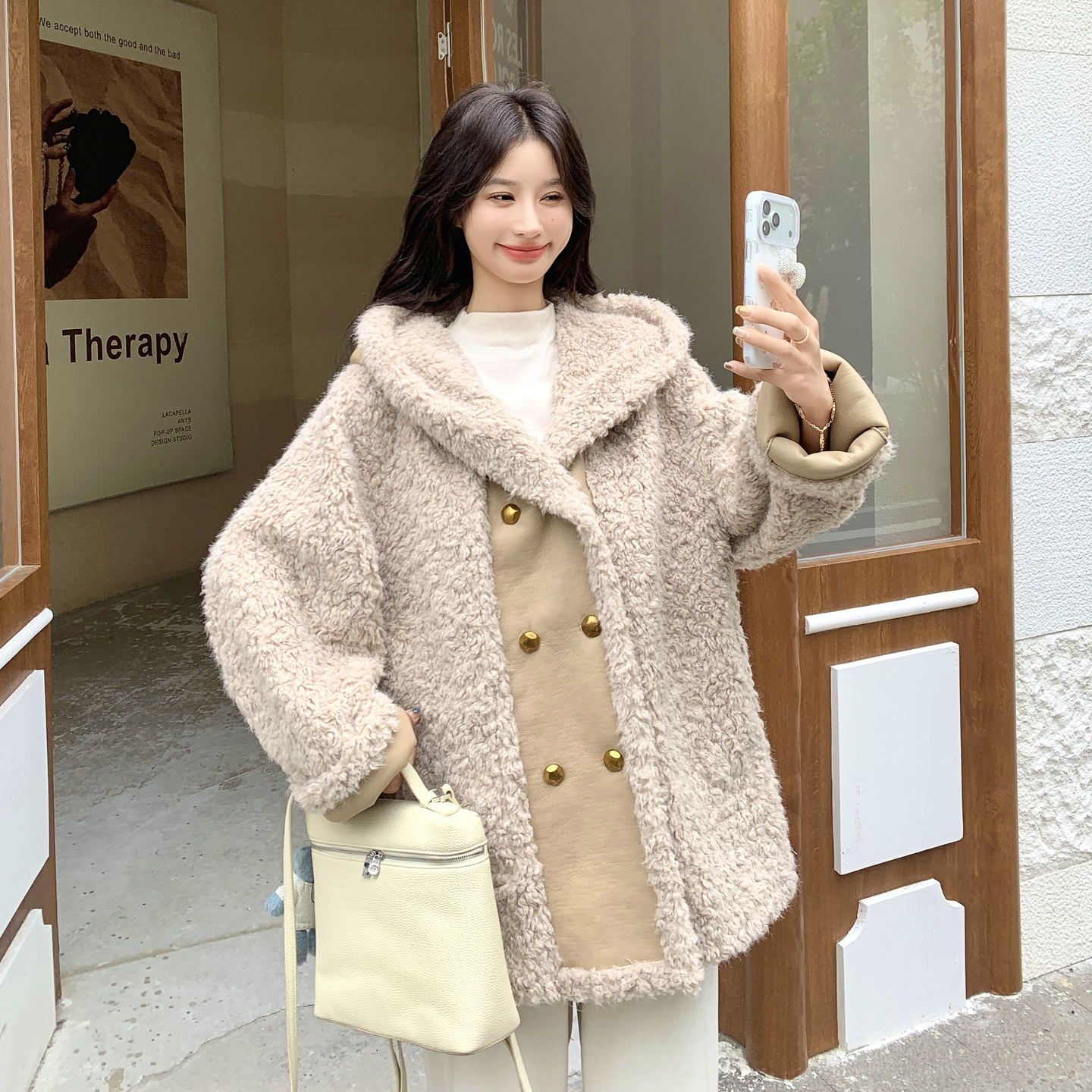 连帽两面穿皮毛一体羊羔毛外套女冬季2025新款独特超好看加厚棉服,女装短外套,2C261