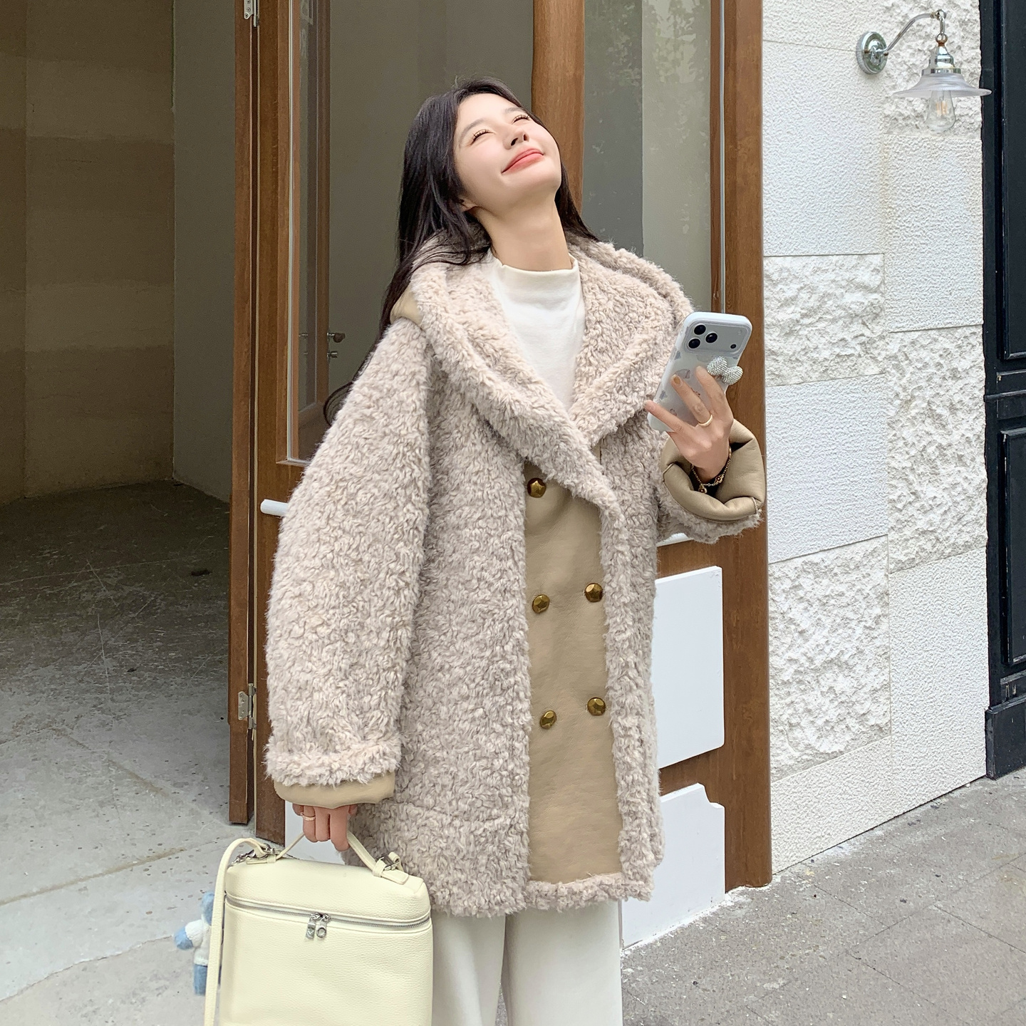 连帽两面穿皮毛一体羊羔毛外套女冬季2025新款独特超好看加厚棉服,女装短外套,2C261