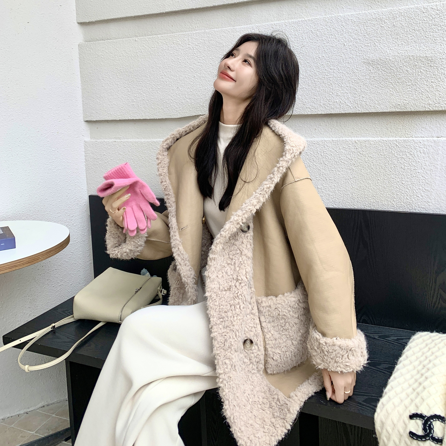连帽两面穿皮毛一体羊羔毛外套女冬季2025新款独特超好看加厚棉服,女装短外套,2C261