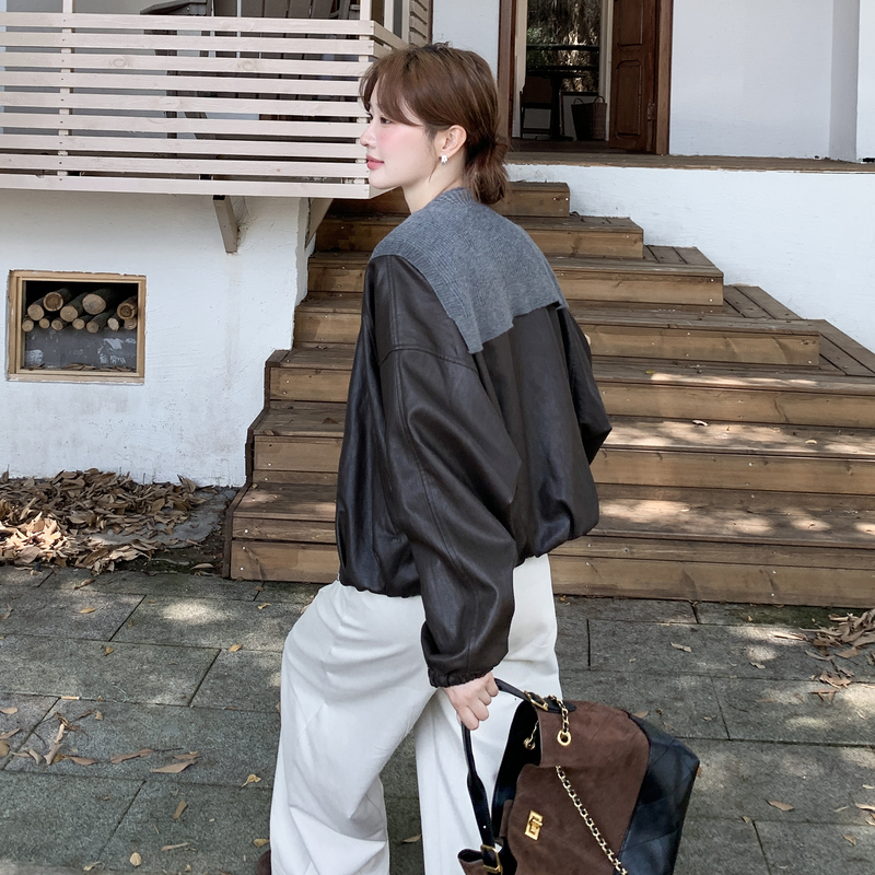 针织披肩圆领皮衣外套女2025秋季新款复古轻熟风宽松小个子夹克潮图片