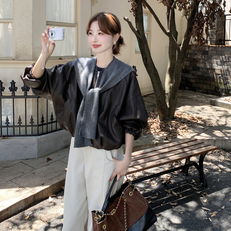 针织披肩圆领皮衣外套女2025秋季新款复古轻熟风宽松小个子夹克潮图片