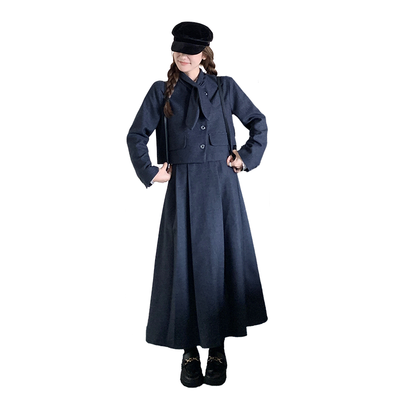 新品深蓝色小香风毛呢套装两件套7680-P195-K298，女装套装/套裙，2C159