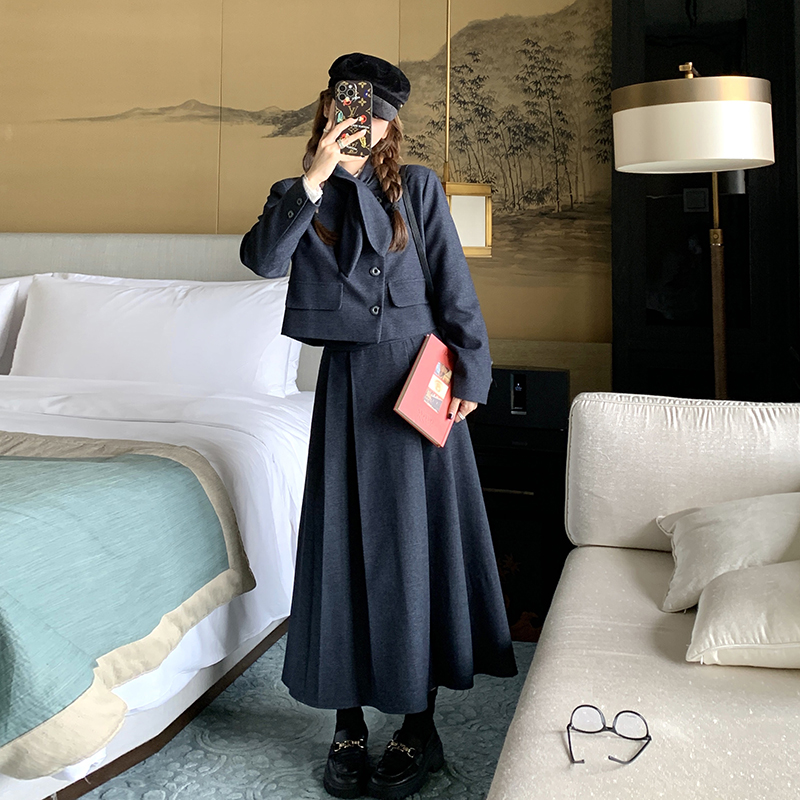 新品 深蓝色小香风毛呢套装两件套 7680-P195-K298,套装/套裙,2C159