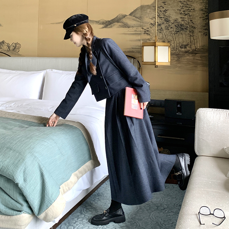 新品深蓝色小香风毛呢套装两件套7680-P195-K298，女装套装/套裙，2C159