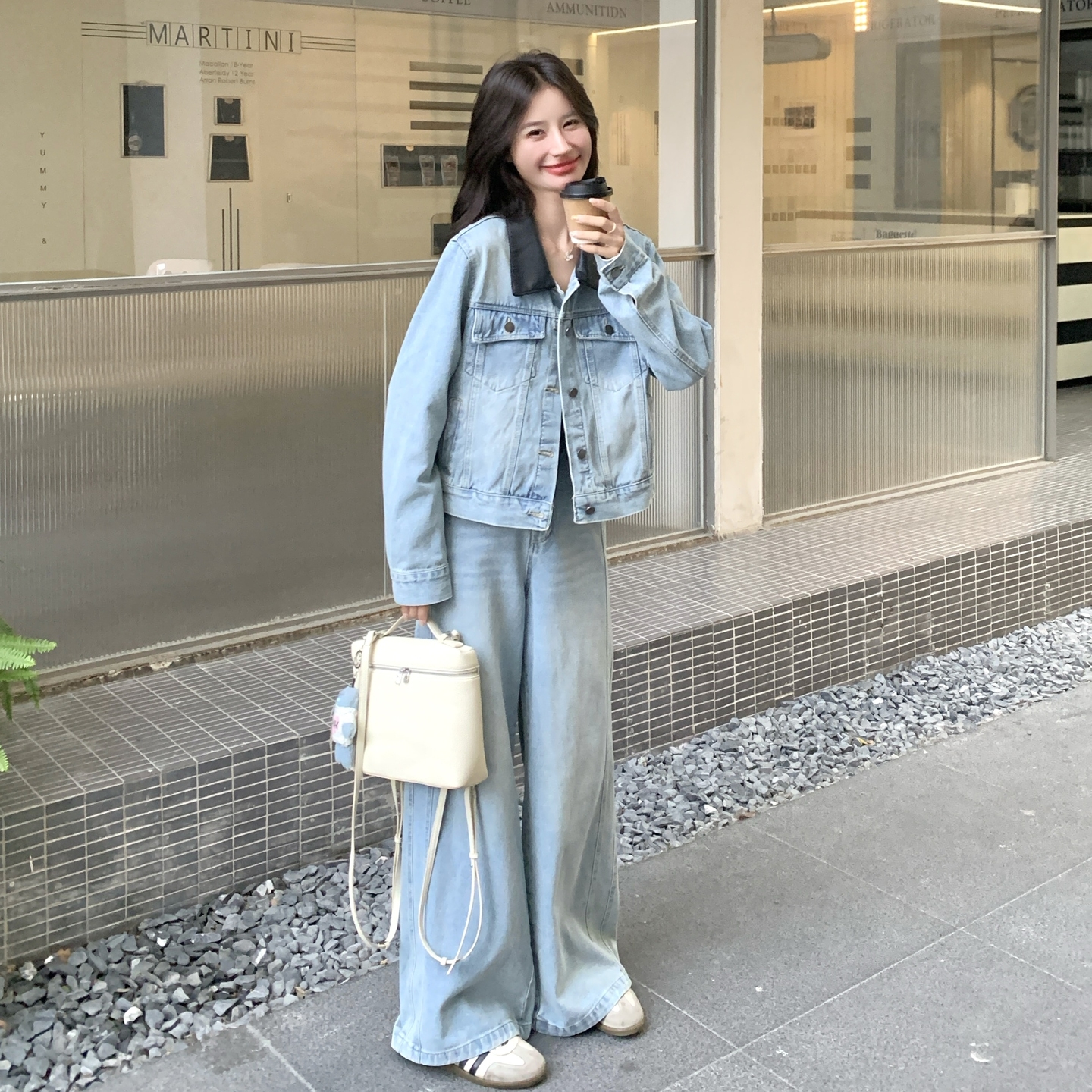 巨好看撞色翻领牛仔上衣阔腿裤套装女春秋漂亮韩系两件套流行爆款图片