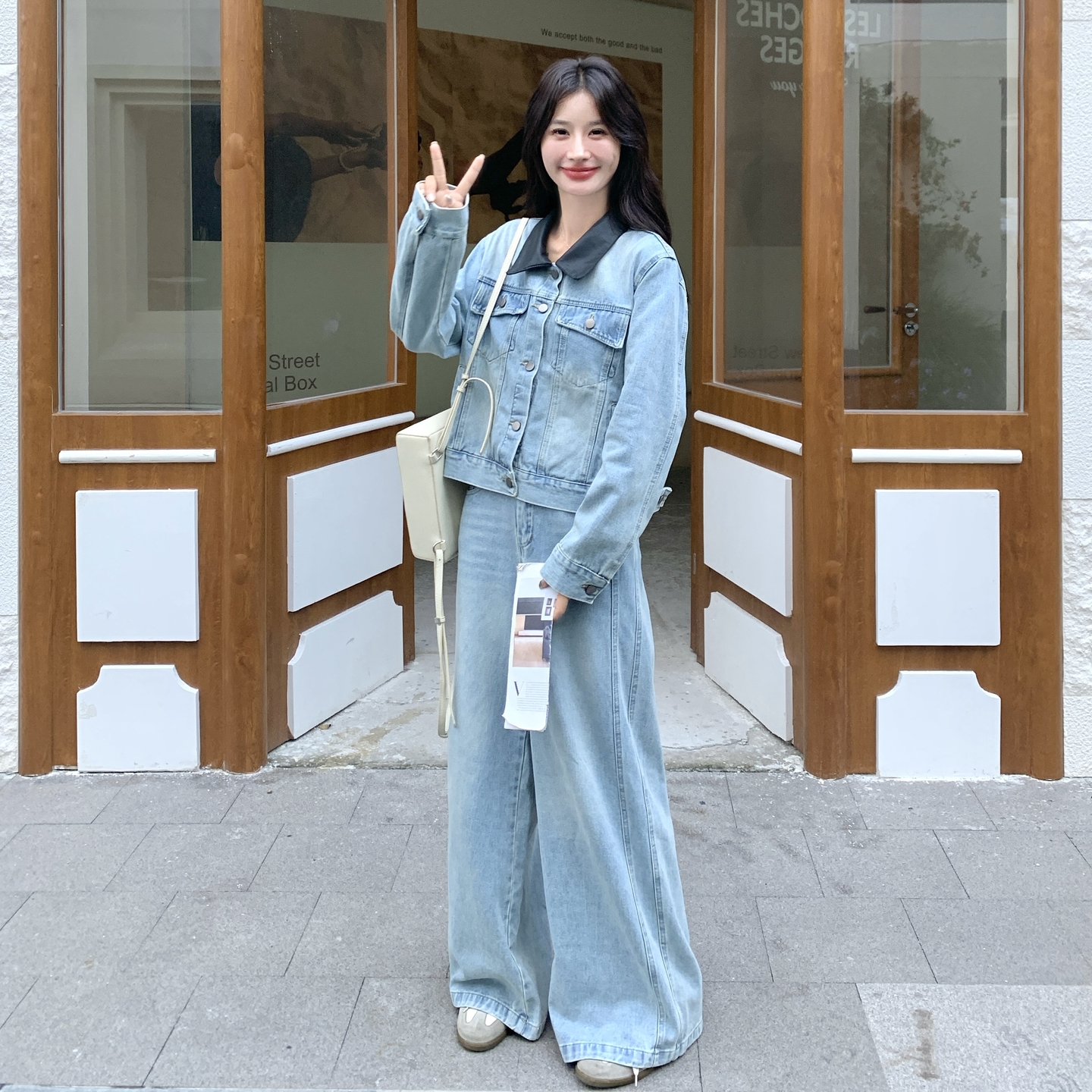 巨好看撞色翻领牛仔上衣阔腿裤套装女春秋漂亮韩系两件套流行爆款图片
