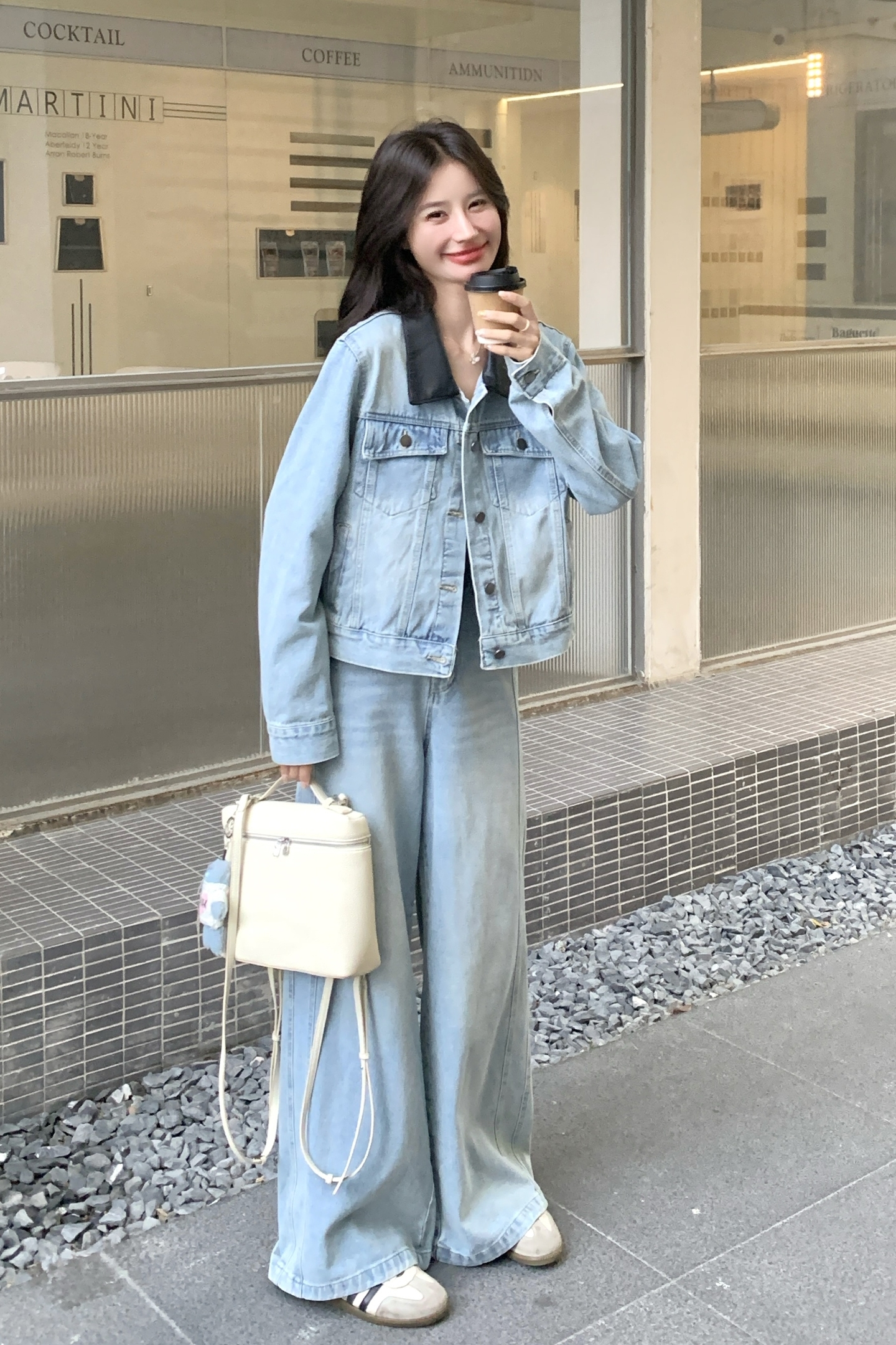 巨好看撞色翻领牛仔上衣阔腿裤套装女春秋漂亮韩系两件套流行爆款图片