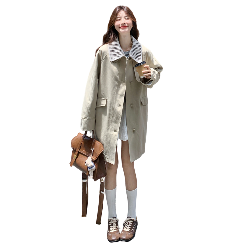 卡其色英伦学院风复古风衣女2026秋韩系设计感中长款镂空翻领大衣图片