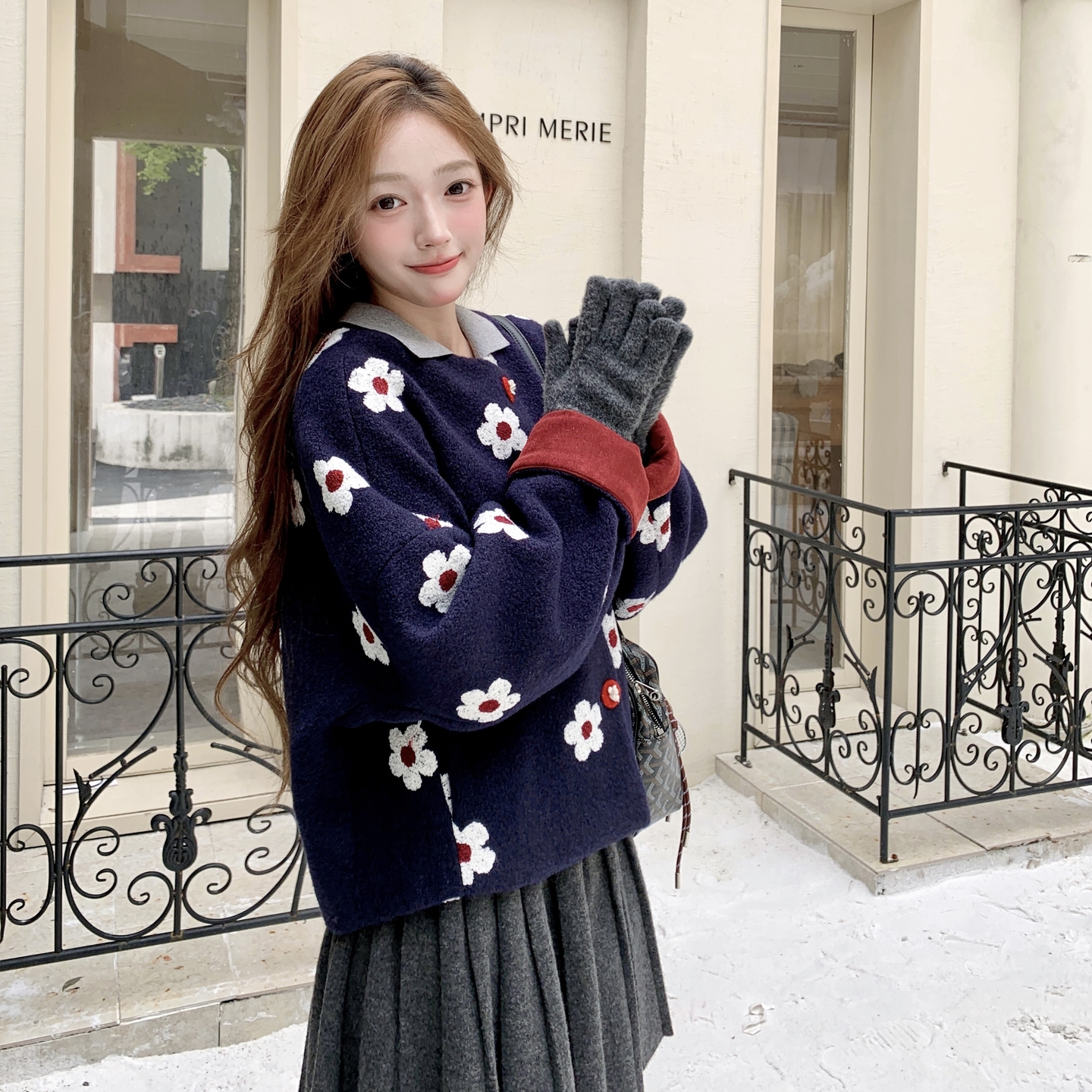 刺绣碎花藏青色毛呢外套女秋冬2025新款小个子独特漂亮巨好看上衣,女装短外套,2C295